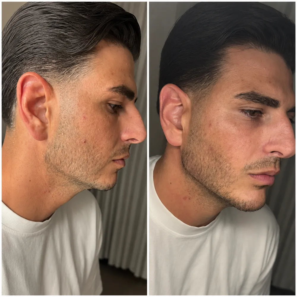 Før og efter kæbe- og hagebehandling på mand, Klinik Flawless